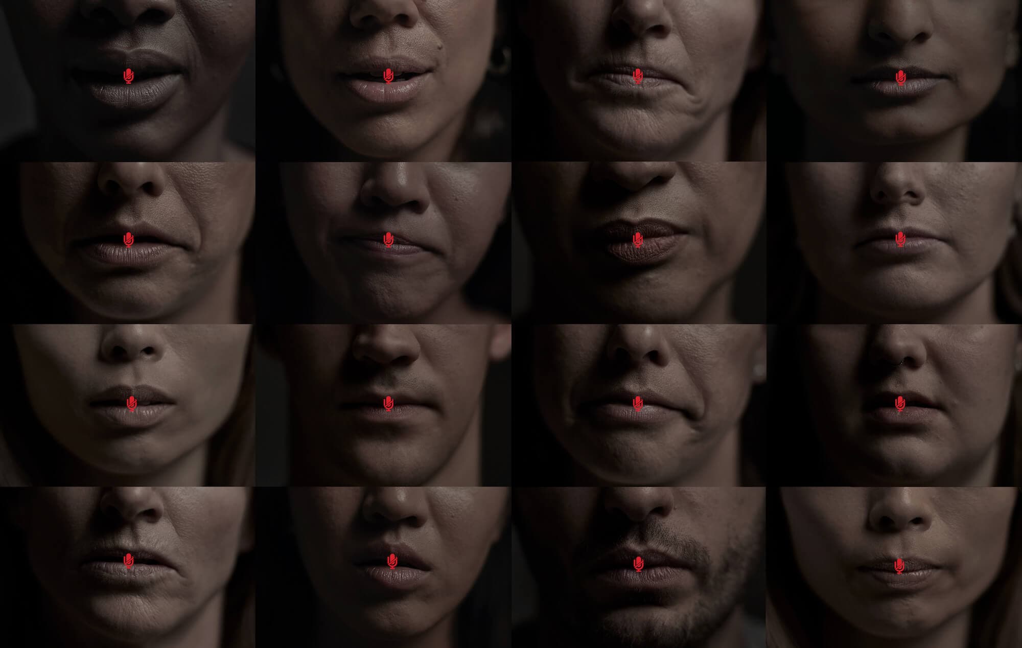 Close up of multiple people with a mute button symbol over their lips