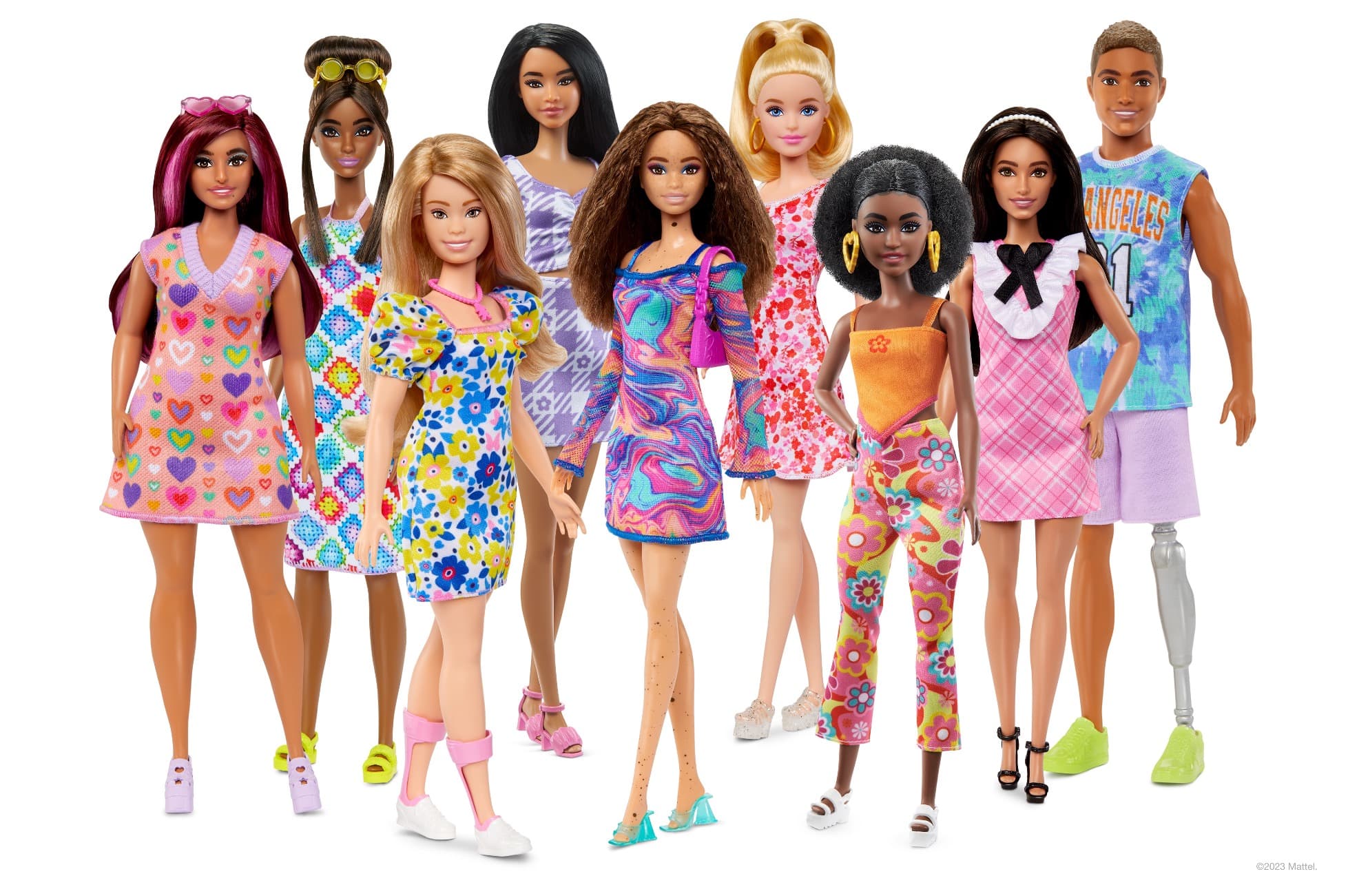 Group photo of the Fashionista line, including the new Barbie Down Syndrome Doll