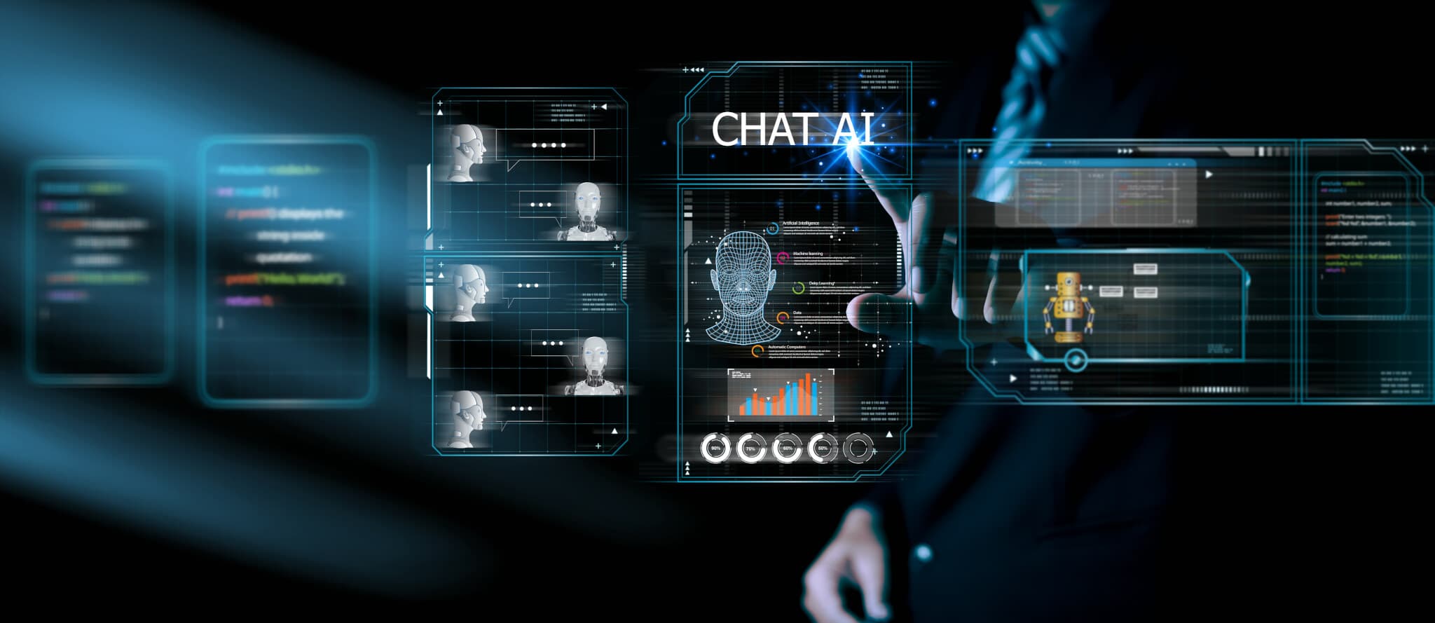 Ai chat bot communicate and interact to businessman provide smart data in natural human like text.Artificial intelligence system assist human decision making best solution to accomplish task