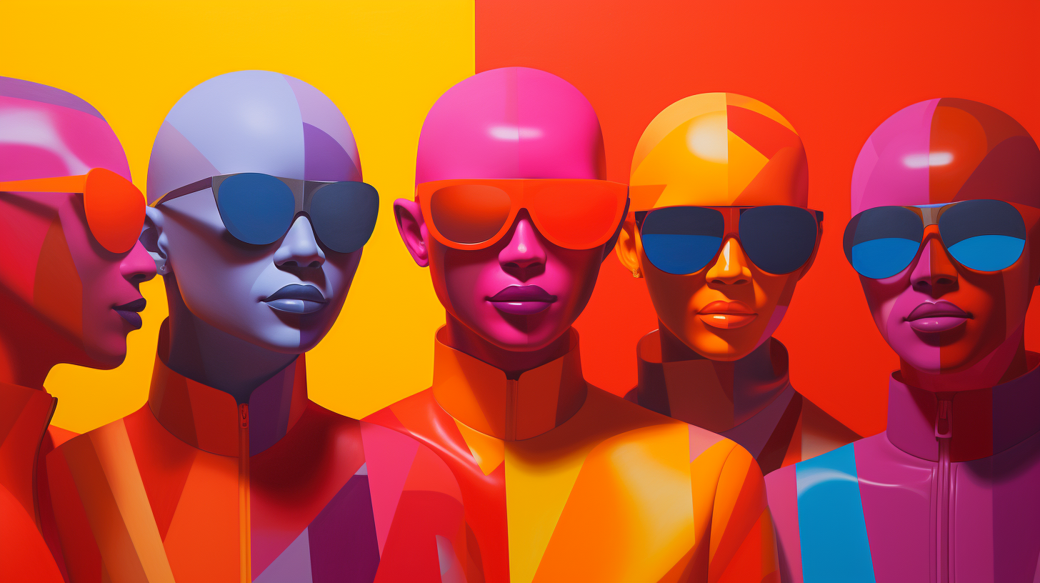 Multiple computer generated people wearing glasses and geometric suits look out straight at the viewer