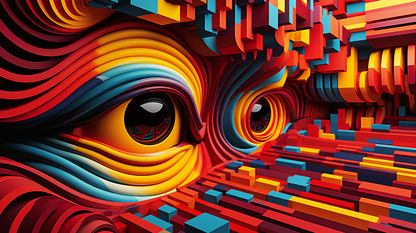 Abstract eyes look out in the middle of stylized straight lines and blocks