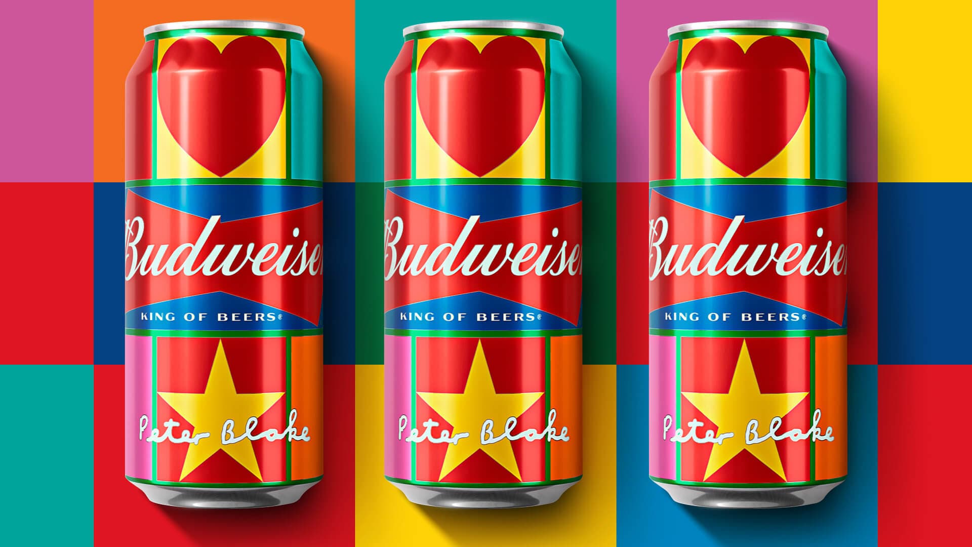 Image with three Budweiser Sir Peter Blake limited edition cans.