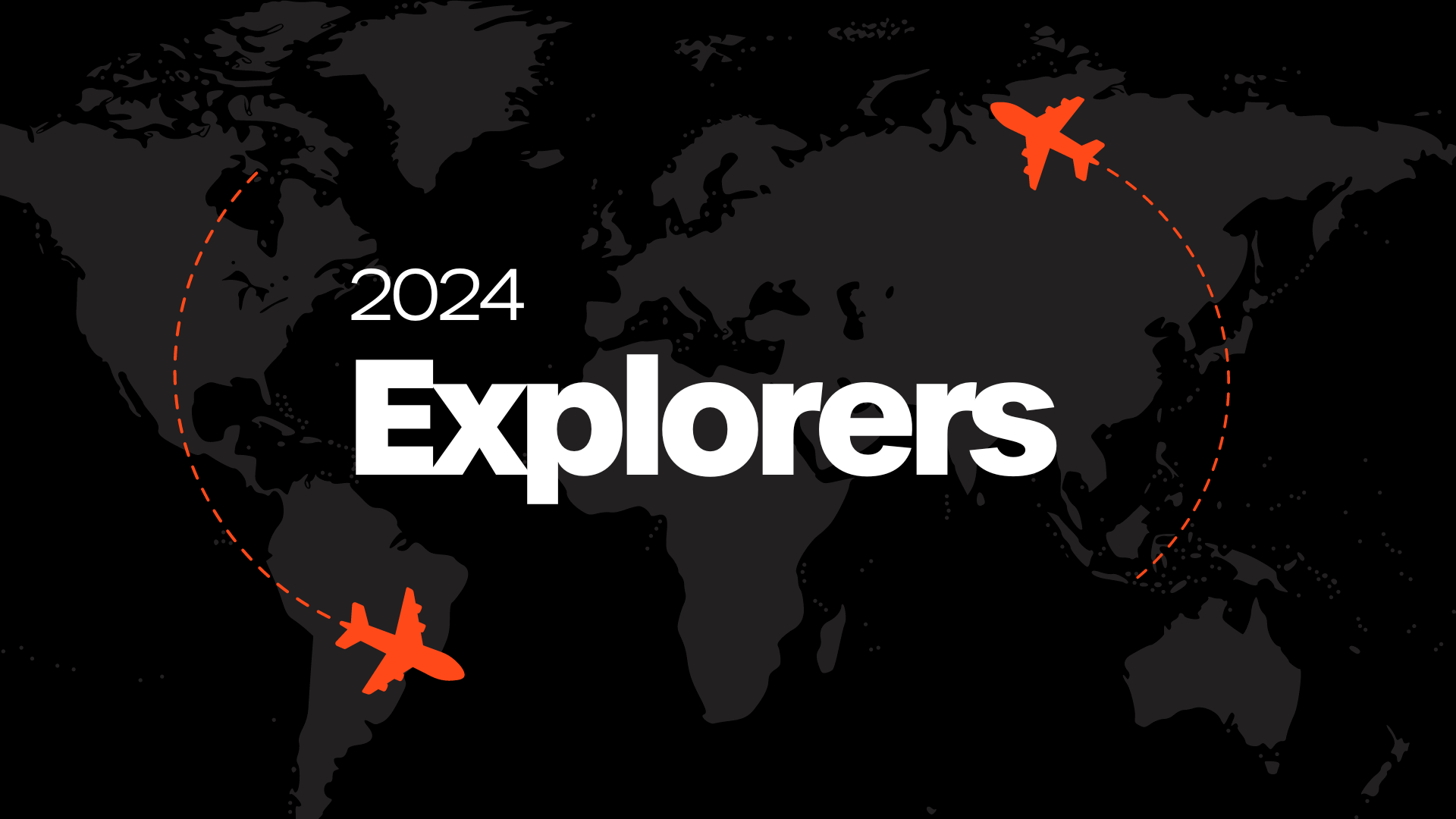 Image of a global map with two airplanes circling. Text in the center reads 2024 Explorers.