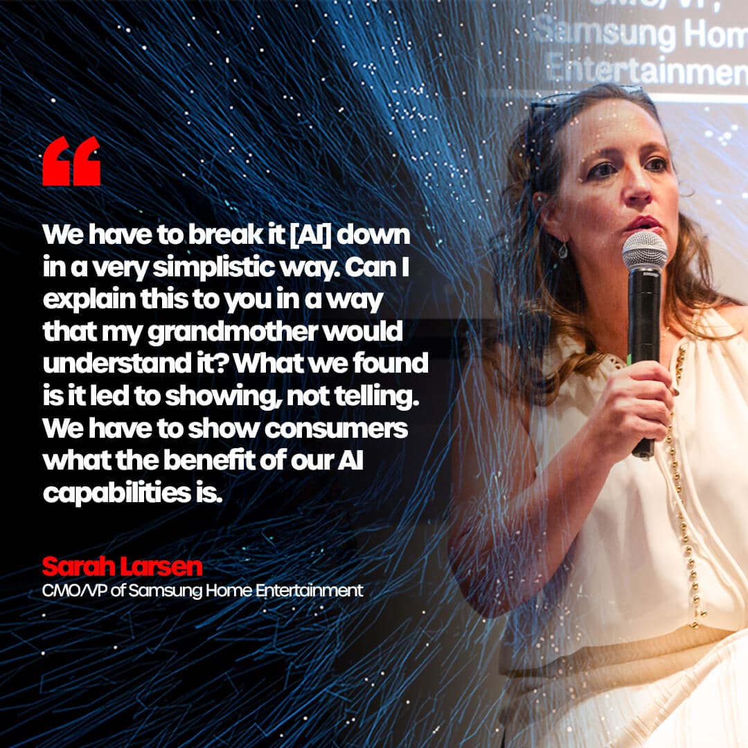 Image of Sarah on stage at AI Deciphered. Quote reads: "We have to break it [AI] down in a very simplistic way. Can I explain this to you in a way that my grandmother would understand it? What we found is it led to showing, not telling. We have to show consumers what the benefit of our AI capabilities is."