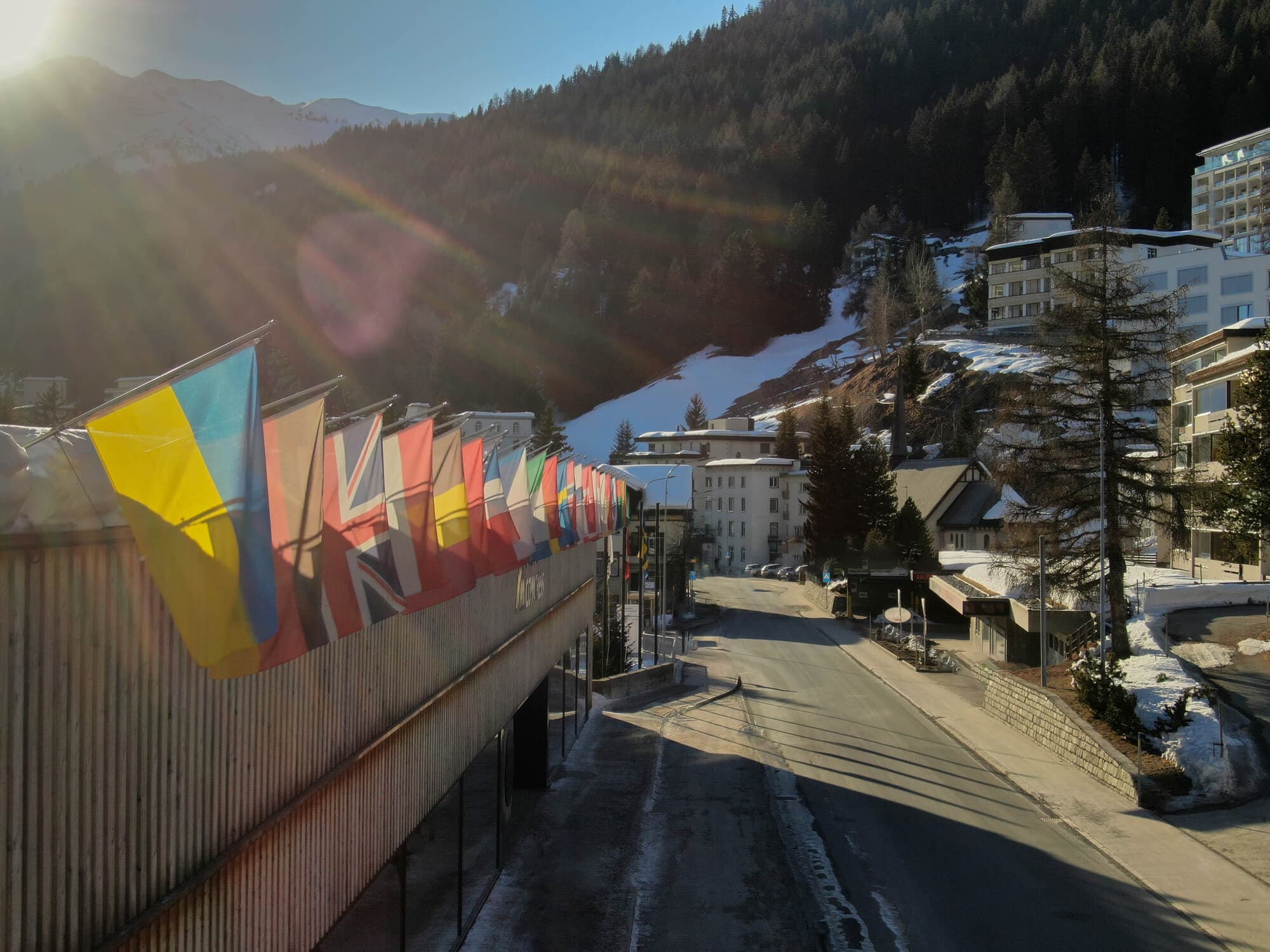 Flags infront of davos center. Ukraine flag is first in line