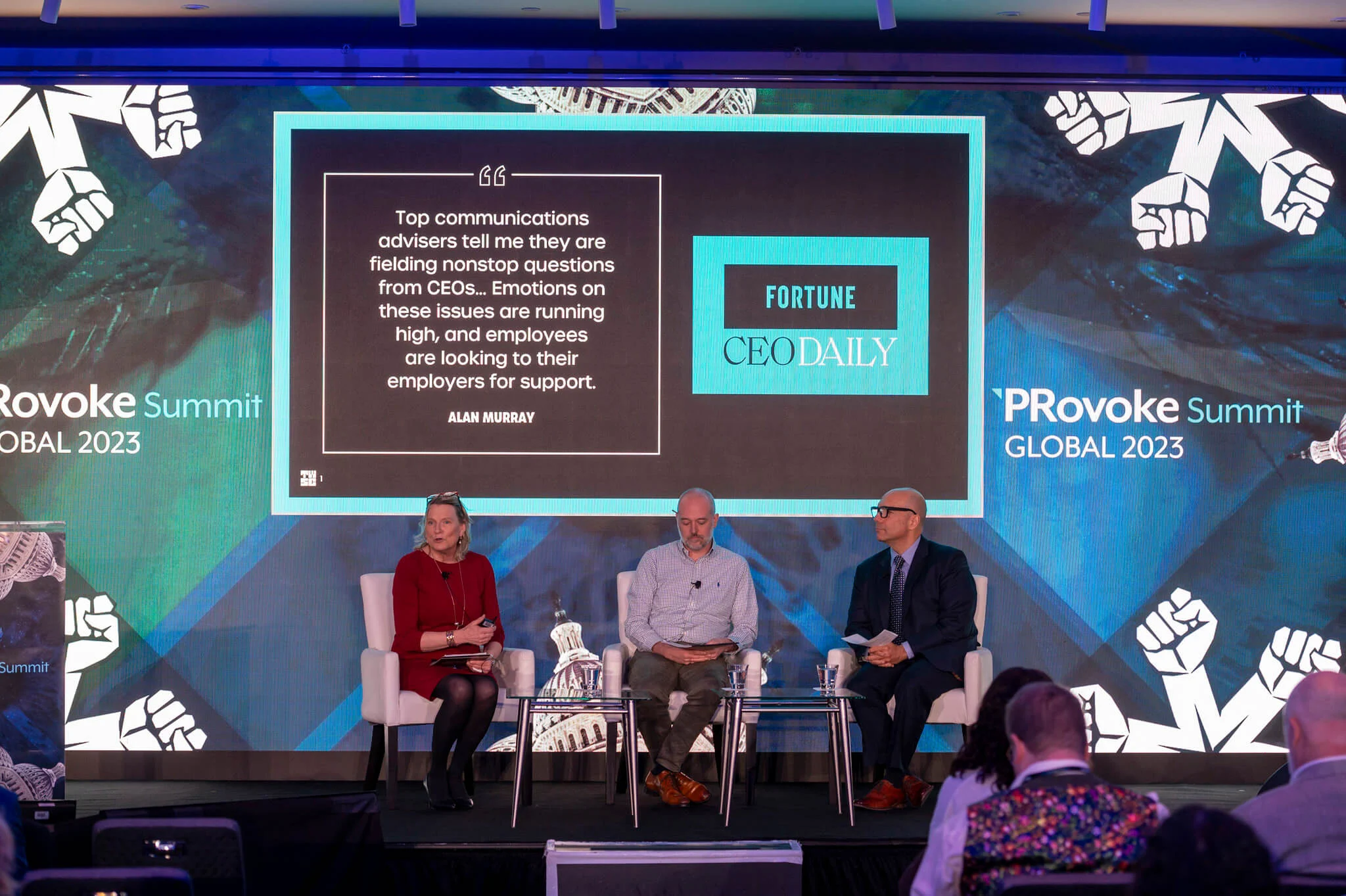 Weber Shandwick Chief Public Affairs Officer Pam Jenkins, Head of Narrative Intelligence and Senior Principal at C-Suite advisory Myriant Ethan Bauley and founder of Turner Global Solutions and former head of comms at the US Embassy in Beijing Michael Turner are onstage at the PRovoke Global Summit in Washington DC for Weber Shandwick's panel titled "Why Geopolitics Is The CCO’s Newest Remit"