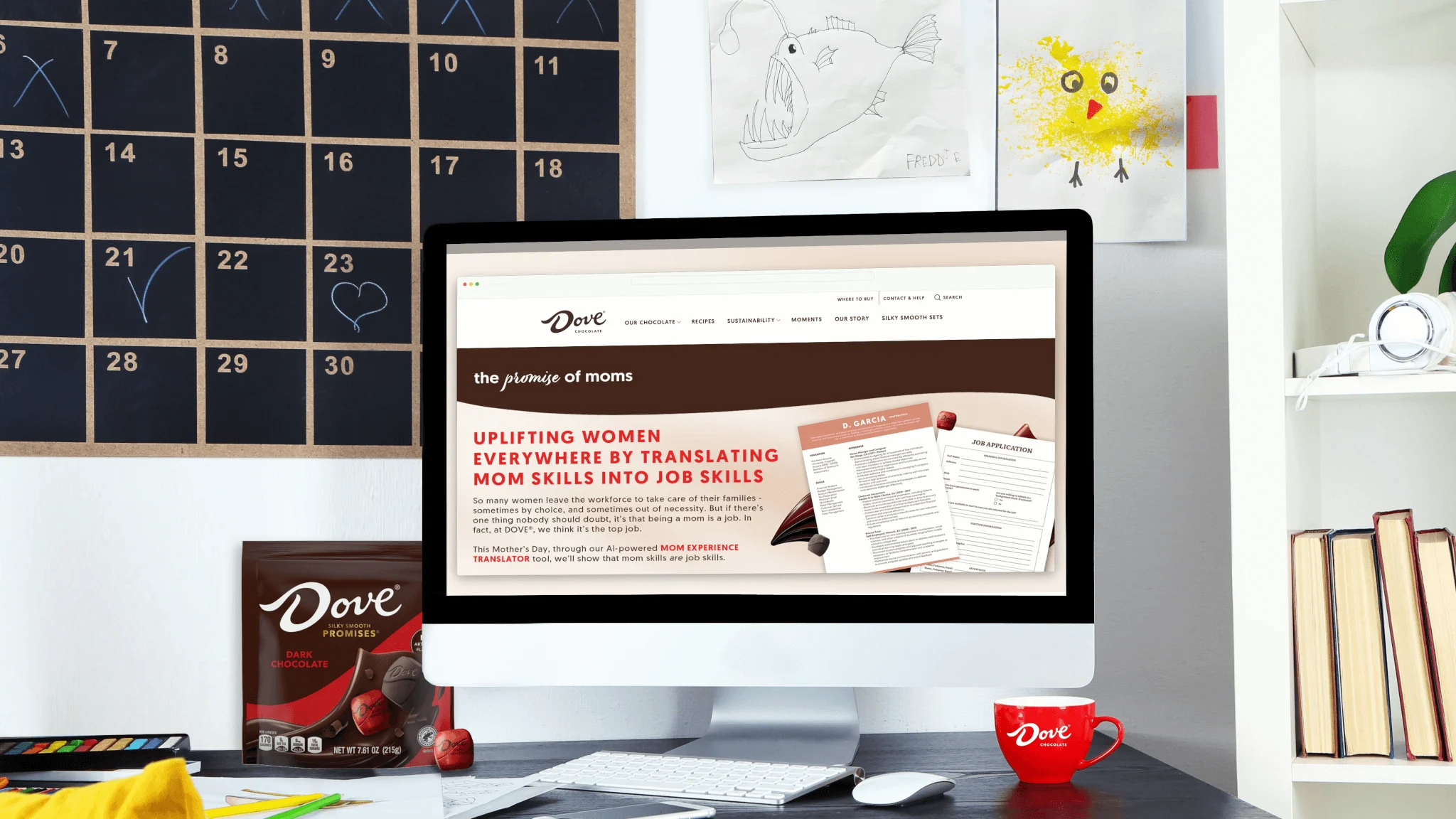 Desktop displaying Dove Mom Experience Translator tool converting parenting skills into job skills, highlighting Weber Shandwick’s AI-driven campaign supporting mothers reentering the workforce