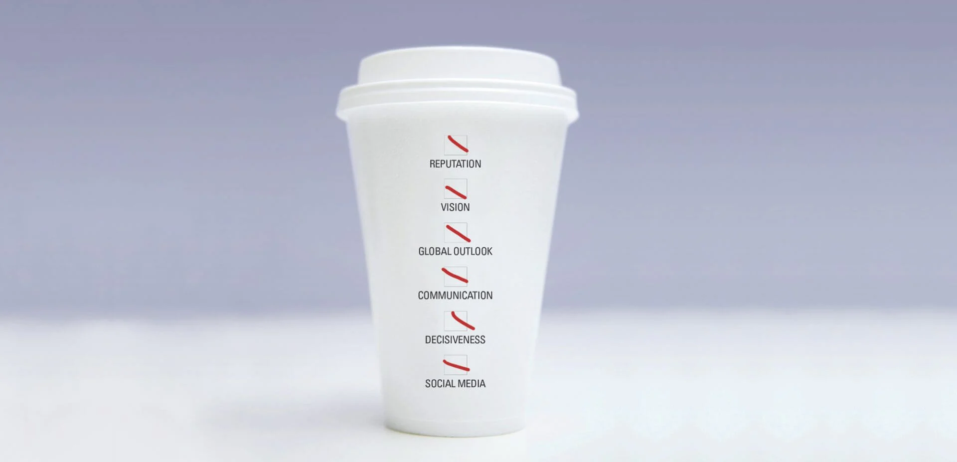 Coffee cup graphic highlights CEO reputation factors including vision, communication and social media in Weber Shandwick research