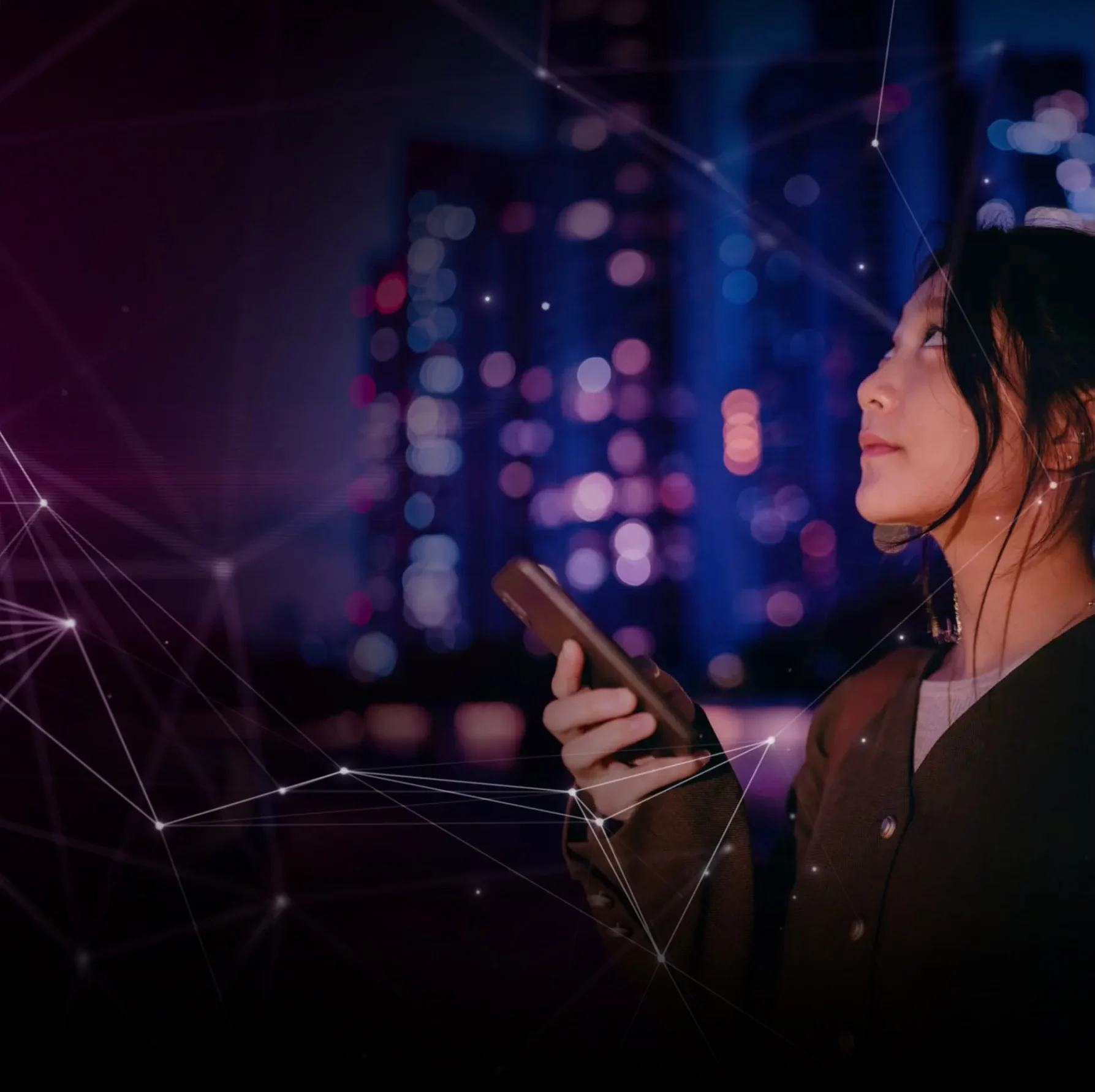 Individual using a smartphone with digital network overlays, representing data, technology and AI shaping modern marketing and connected consumer experiences