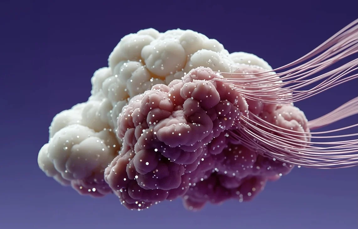 Abstract cloud-like data form with flowing connections, representing the fusion of technology, AI and culture to drive intelligent, adaptive transformation in modern communications